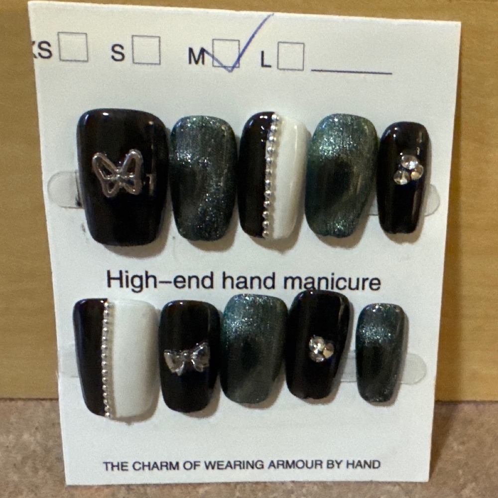 Press On Nails Black White Silver Glitter Butterfly Charms Size M